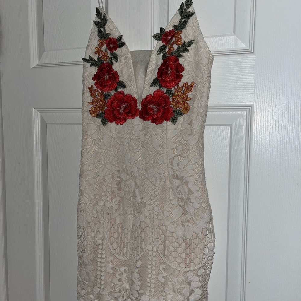 Banana Republic Cream Lace Dress with Red Floral Embroidery - Picture 2 of 5